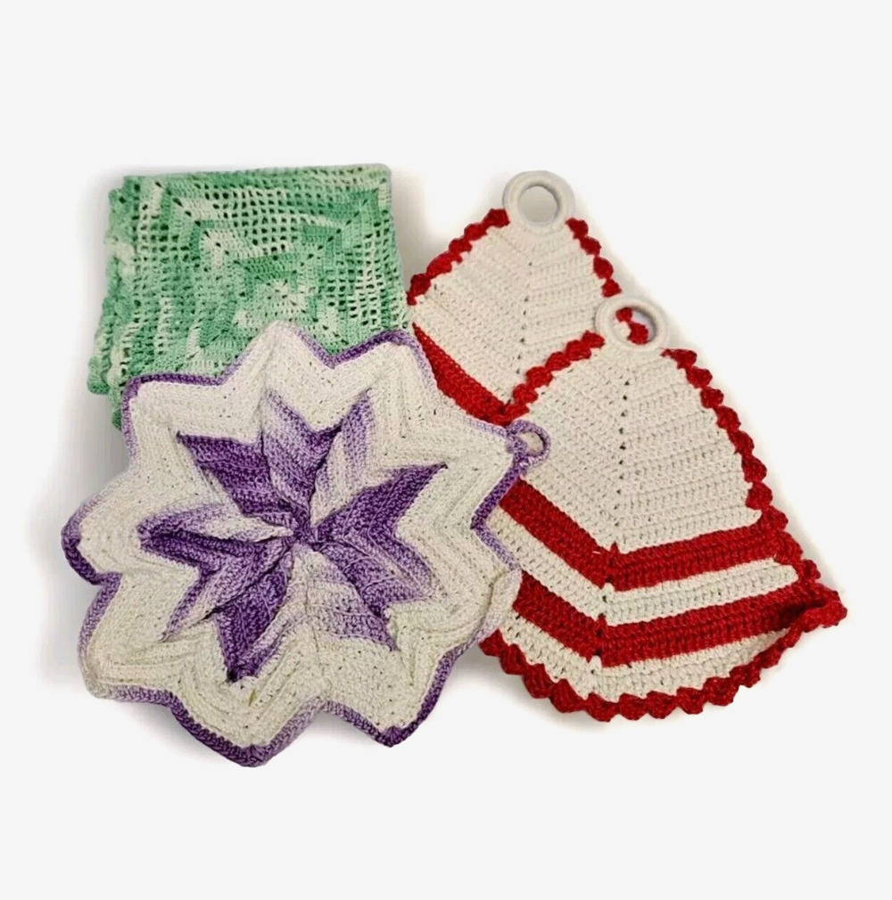 Vintage Crochet Potholder Set Retro Windmill & Star Trivet Kictchen Hot Pads